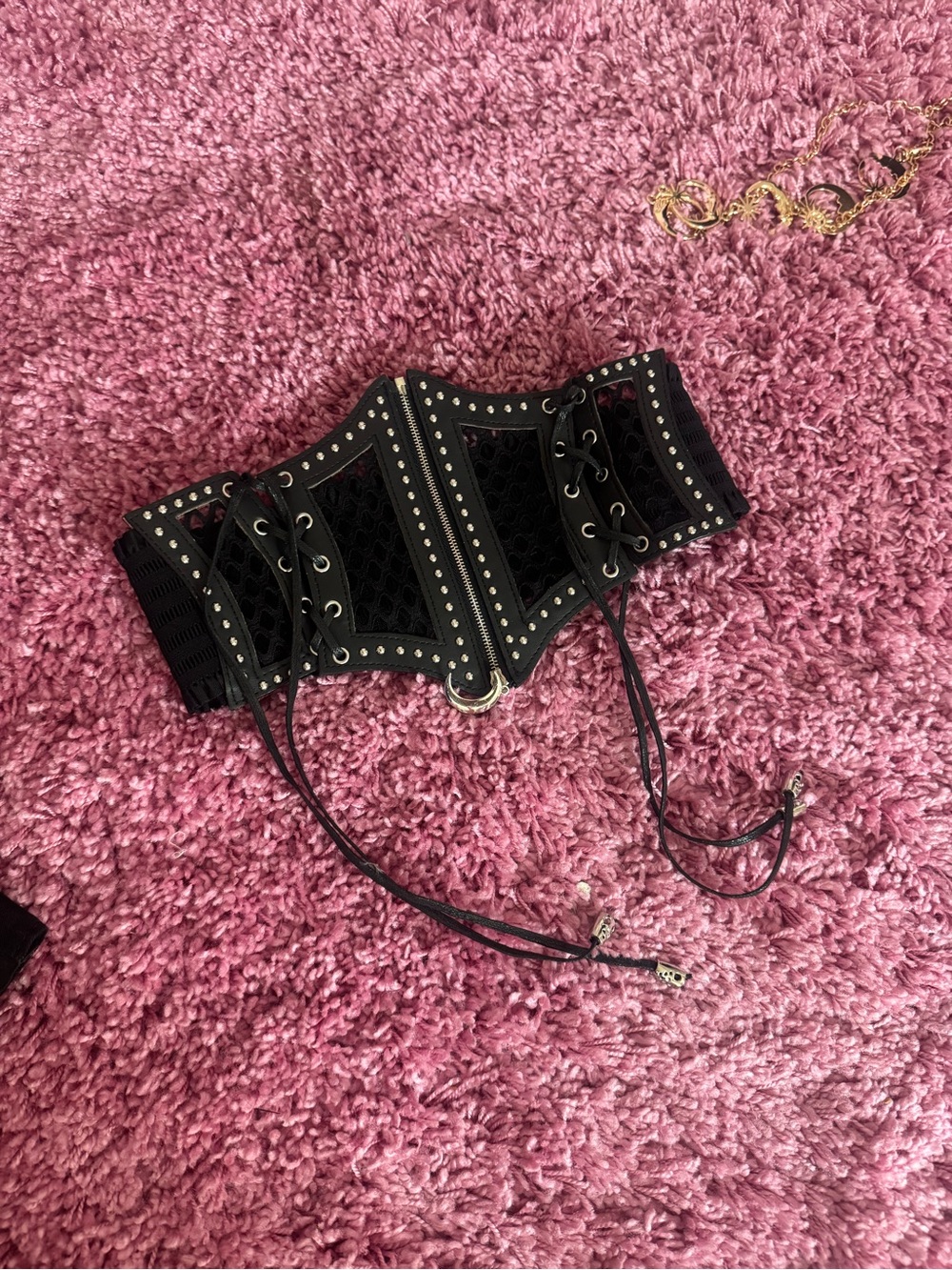 Moon Goth Black Lace-Up Wide Waist Belt with Stud Detail